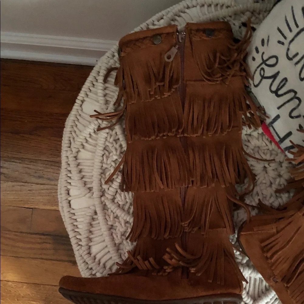 Minnetonka Tan Suede Over-the-Knee Fringe Boots